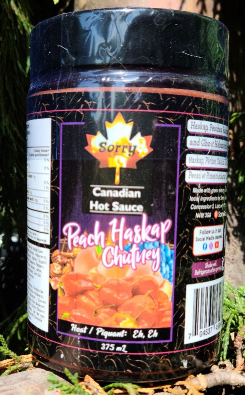 Peach Haskap Chutney Sorry Sauce Canadian Hot Sauce collab with Muddy Crops